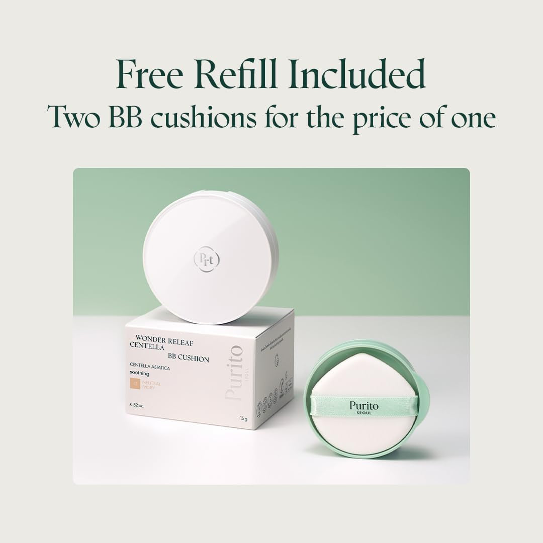 PURITO SEOUL Wonder Releaf Centella BB Cushion #21 Light Beige Fond De Teint, Coréen Centella, Maquillage Longue Tenue, Couverture Impeccable, K-Beauty, 15 G, 0,52 Fl.Oz