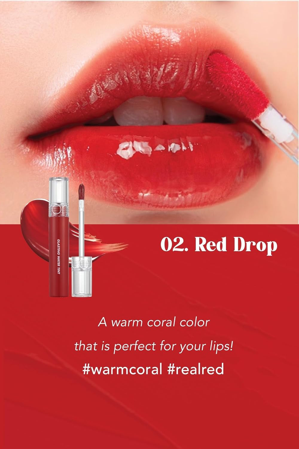 Teinte À L'Eau Brillante 8 Couleurs | Couleurs Vives, Finition Brillante, Longue Durée, Hydratante, Beauté Naturelle | Utilisation Quotidienne, K-Beauty | 4G/0.14Oz No.02 GOUTTE ROUGE