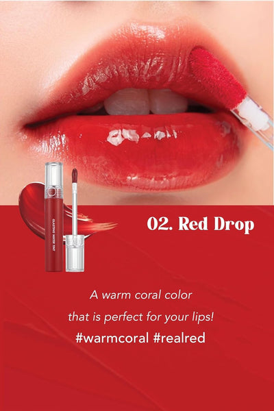 Teinte À L'Eau Brillante 8 Couleurs | Couleurs Vives, Finition Brillante, Longue Durée, Hydratante, Beauté Naturelle | Utilisation Quotidienne, K-Beauty | 4G/0.14Oz No.02 GOUTTE ROUGE